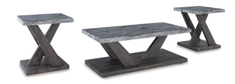 Bensonale Cocktail Table and 2 End Tables T400-13 featuring rectangular and square faux gray marble tops with dark wooden x-frame bases.