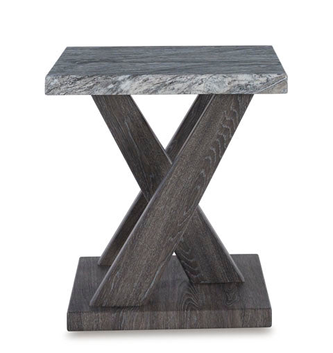 Bensonale Cocktail Table and 2 End Tables T400-13 square end table with a faux gray marble top and a dark wooden x-shaped base for a contemporary living room.