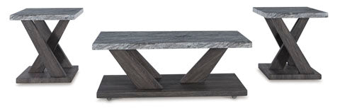 Bensonale Cocktail Table and 2 End Tables T400-13, featuring a rectangular cocktail table and two square end tables, each with a faux gray marble top and a dark wood X-shaped base.