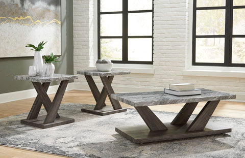 The Bensonale Cocktail Table and 2 End Tables T400-13 set features two square end tables and one rectangular table, each with grey faux-marble tops and dark wood X-shaped bases.