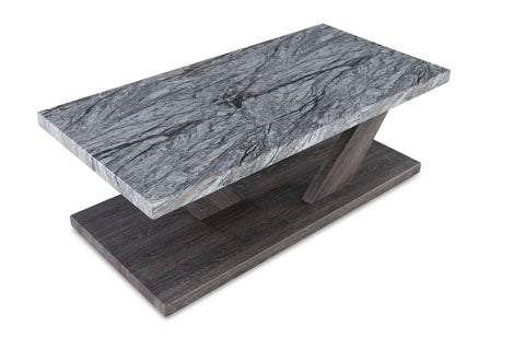 Bensonale Cocktail Table and 2 End Tables T400-13, a rectangular cocktail table with a faux gray marble top and a dark wooden base featuring an angled support for a contemporary living room.