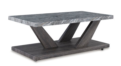 Bensonale Cocktail Table and 2 End Tables T400-13 featuring a contemporary cocktail table with a faux gray marble top supported by two angled dark wood-finish legs on a matching rectangular base.