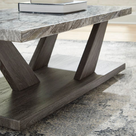 Bensonale Cocktail Table and 2 End Tables T400-13 featuring a faux gray marble top and angled dark wood legs resting on a rectangular base.