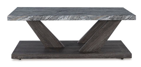 The Bensonale Cocktail Table and 2 End Tables T400-13 features a rectangular, gray faux-marble top and two angled, dark wood supports resting on a rectangular base.