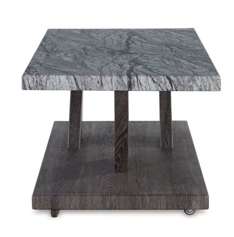 Bensonale Cocktail Table and 2 End Tables T400-13 featuring a square cocktail table with a faux gray marble top, supported by three wooden posts on a wide, rectangular dark wood base with wheels.