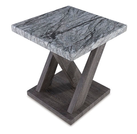 Square Bensonale Cocktail Table and 2 End Tables T400-13 with a faux gray marble top and a dark wooden base featuring an X-shaped pedestal, perfect for a contemporary living room.