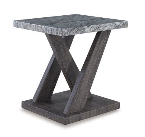 Bensonale Cocktail Table and 2 End Tables T400-13 end table featuring a square faux gray marble top and a dark wooden X-shaped base on a square pedestal, designed for a contemporary living room.