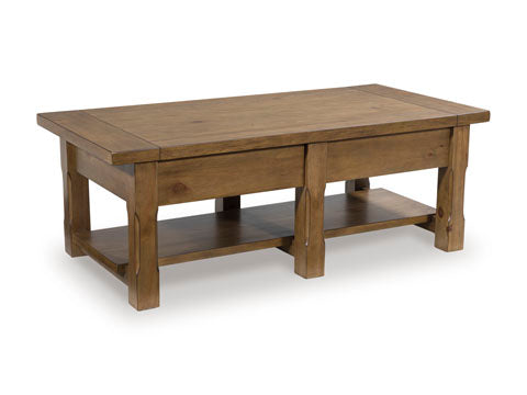 The Ashley Vandenmore Coffee Table T539-1 is a rectangular farmhouse-style table featuring a lower shelf for storage, a natural wood finish, and sturdy square legs.