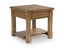 The Ashley Vandenmore End Table T539-3 showcases a farmhouse-inspired design with a square silhouette, one drawer featuring a round metal knob, sturdy legs, and a lower shelf for added sofa-side storage. Finished in a light brown wood tone.