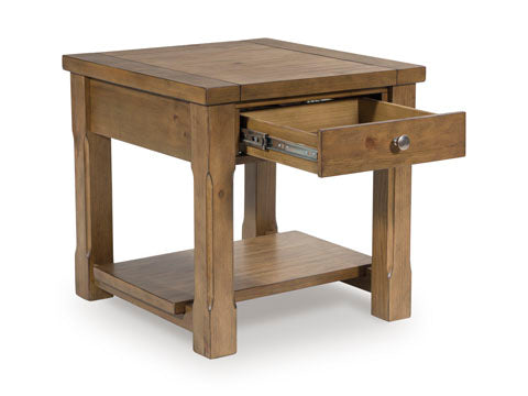 The Ashley Vandenmore End Table T539-3 features a farmhouse design with a square top, single open drawer, and lower shelf for convenient sofa-side storage, shown against a white background.