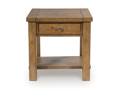 The Ashley Vandenmore End Table T539-3 features a farmhouse-inspired design with a natural finish, single drawer with metal knob, and straight legs. A convenient lower shelf provides handy sofa-side storage.
