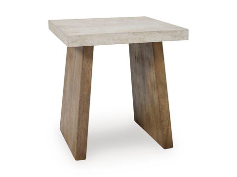 The Brendalhouse End Table T642-2 by Ashley features a small, modern design with a thick, light-colored faux cement tabletop and two angled wooden legs in a natural finish, making it perfect for adding contemporary style to any space.