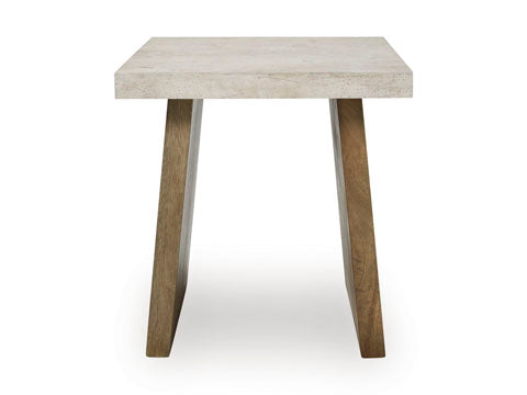 The Brendalhouse End Table T642-2 by Ashley features a contemporary design with a rectangular, light-colored wooden top and two angled wooden legs, shown from the front against a white background.