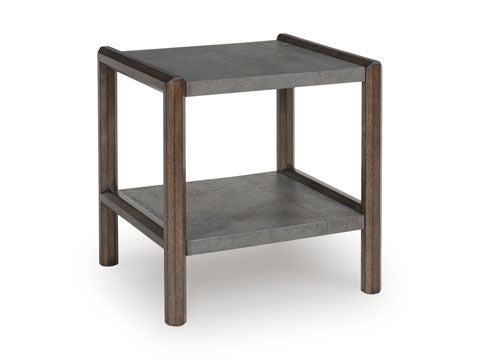 Introducing the Ashley Kallenny End Table T669-3—a modern square end table with a lower shelf. It features a dark gray top and shelf, supported by four wooden legs in a brown finish. Its mixed-material design brings an industrial edge to any living space.