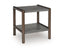 Introducing the Ashley Kallenny End Table T669-3—a modern square end table with a lower shelf. It features a dark gray top and shelf, supported by four wooden legs in a brown finish. Its mixed-material design brings an industrial edge to any living space.