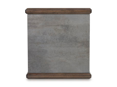 The Kallenny End Table T669-3 by Ashley features a square gray surface with a subtle textured pattern, accented at the top and bottom by slim wooden strips, all set against a white background—highlighting its refined mixed-material design with an industrial edge.