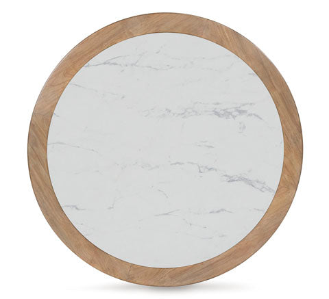 The Camdill Coffee Table T808-8 by Ashley features a round tabletop with a faux Carrara marble center accentuated by subtle gray veining, bordered by a wide band of light wood—an elegant addition perfect for any contemporary living room.