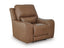 The Ashley DeepWakes Caramel Recliner U6260613, crafted from top-grain leather with plush cushions and curved armrests, is displayed on a white background.