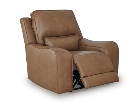 The Ashley DeepWakes Caramel Recliner U6260613, crafted from top-grain leather with curved armrests and an extended footrest, is elegantly displayed against a white background.
