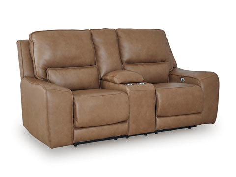 The Ashley DeepWakes Caramel Power Reclining Loveseat U6260618 is crafted from top-grain leather and features plush cushions, a center console with two cup holders, and wide armrests. Designed for two people, this contemporary power reclining loveseat is perfect for modern living spaces.