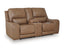 The Ashley DeepWakes Caramel Power Reclining Loveseat U6260618 is crafted from top-grain leather and features plush cushions, a center console with two cup holders, and wide armrests. Designed for two people, this contemporary power reclining loveseat is perfect for modern living spaces.