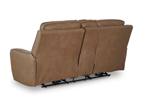 The Ashley DeepWakes Caramel Power Reclining Loveseat U6260618, shown here from the back, features three connected seats upholstered in smooth tan top-grain leather with gently padded surfaces and visible reclining mechanisms underneath—combining chic style and luxurious comfort for your living space.