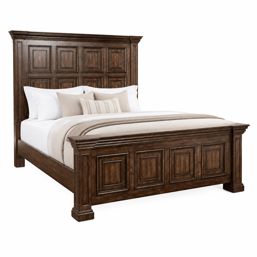 Big Valley King Size Headboard, Footboard, & Rails 361-BR15/16/91 king size panel bed frame in dark wood with a brownstone finish and paneled headboard and footboard detailing.