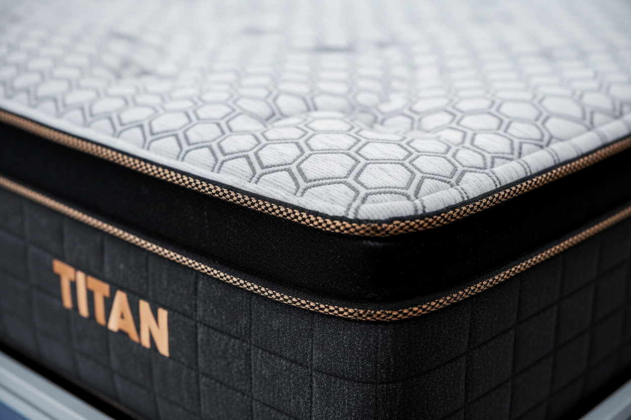 Close-up of a mattress corner with a hexagonal pattern on top, black sides, and the word TITAN in orange letters on the side panel.