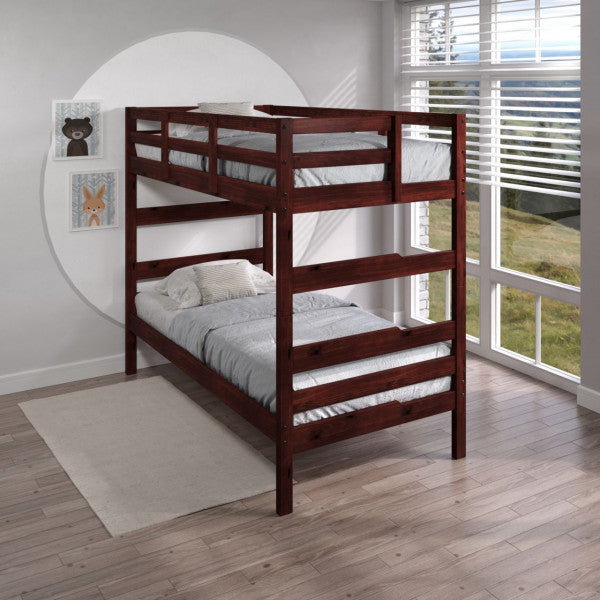 A wooden bunk bed with gray bedding stands in a bright room with large windows, light wood floors, a beige rug, and animal-themed wall art.