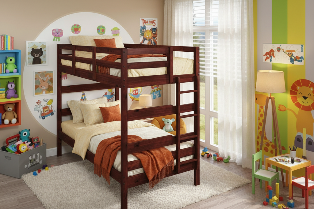 Children’s bedroom with wooden bunk beds, colorful toys, bookshelves, animal-themed wall art, a lamp, and a large window with curtains. A soft rug and building blocks are on the floor.