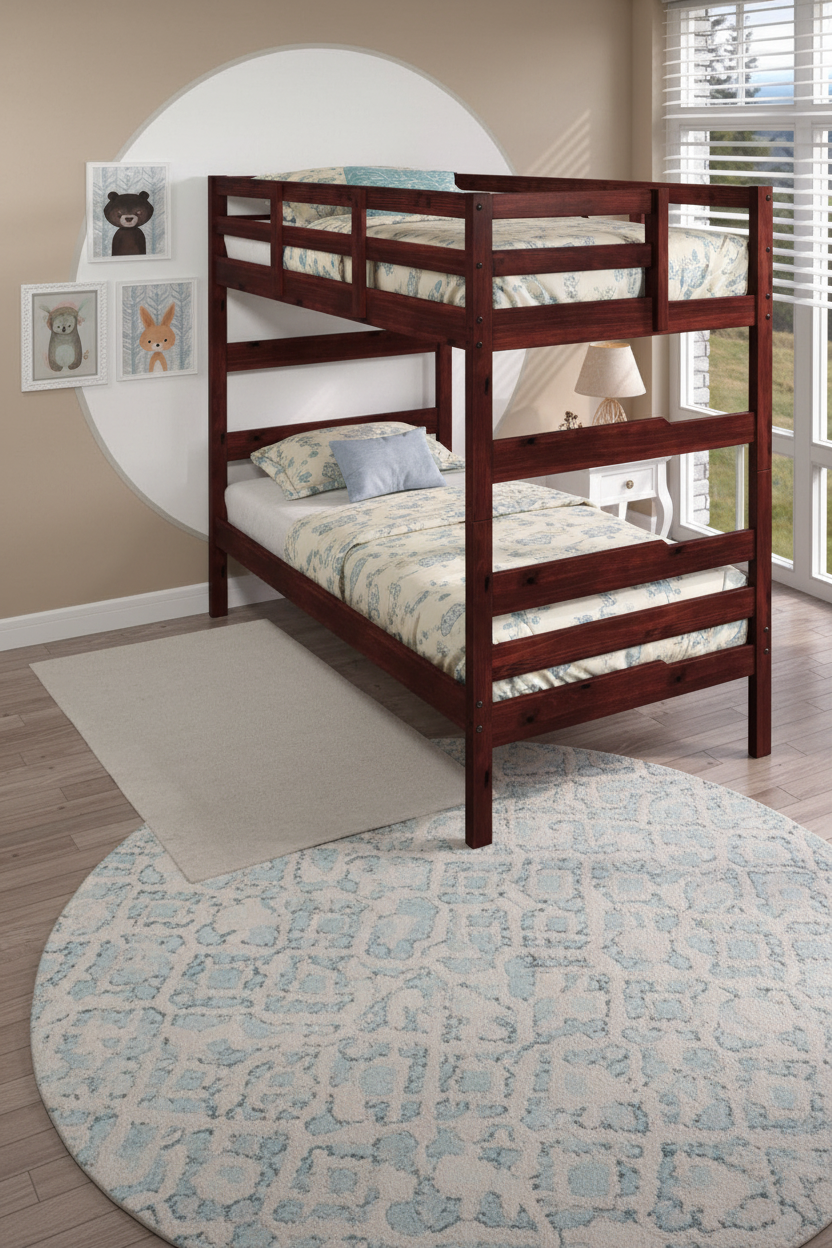 Wooden bunk bed with patterned bedding in a cozy, light-filled bedroom. Animal art hangs on the wall, and a round rug covers the floor. A window allows natural light into the room.