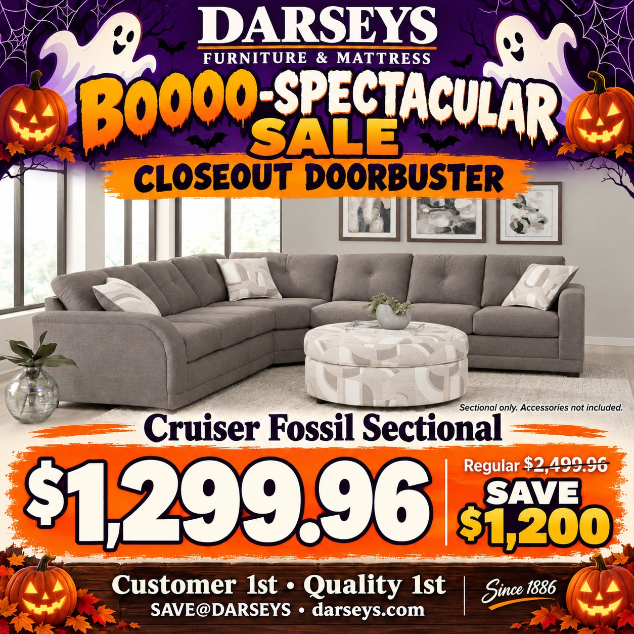 Darseys Furniture and Mattress Halloween sale advertisement featuring a grey Cruiser Fossil sectional sofa for $1,299.96, a savings of $1,200.