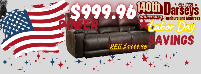 Brown leather sofa with $999.96 price, American flag design background, 140th Darseys Anniversary, Labor Day Savings, and stars. Regular price $1999.96 is also shown.