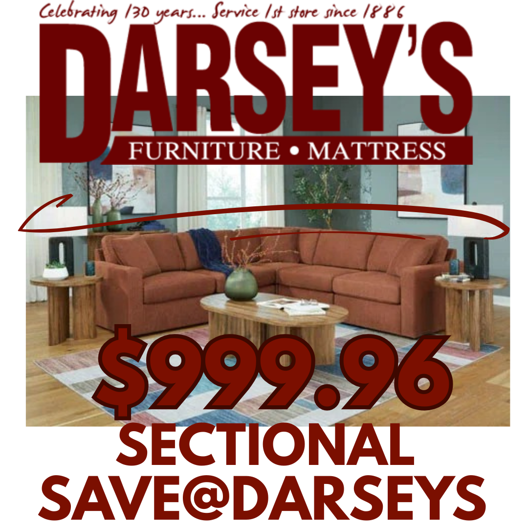 Advertisement for Darsey's Furniture and Mattress with a sectional sofa and promotional text.
