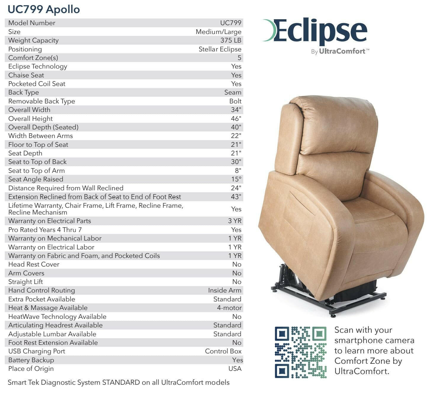 Apollo Brisa Lift Chair Saddle UC799-MLA-SKD-USA - DarseysUltra Comfort