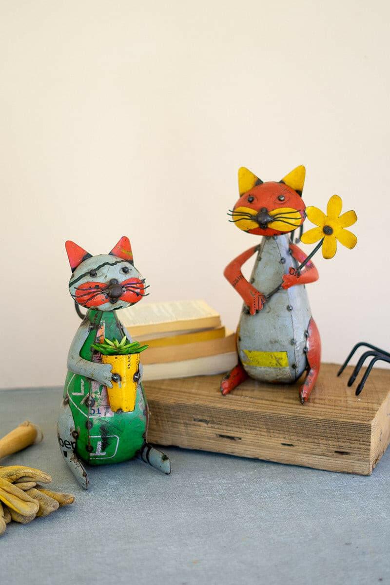 Iron Cats With Flowers And Pot Set Of 2 NTM1308.