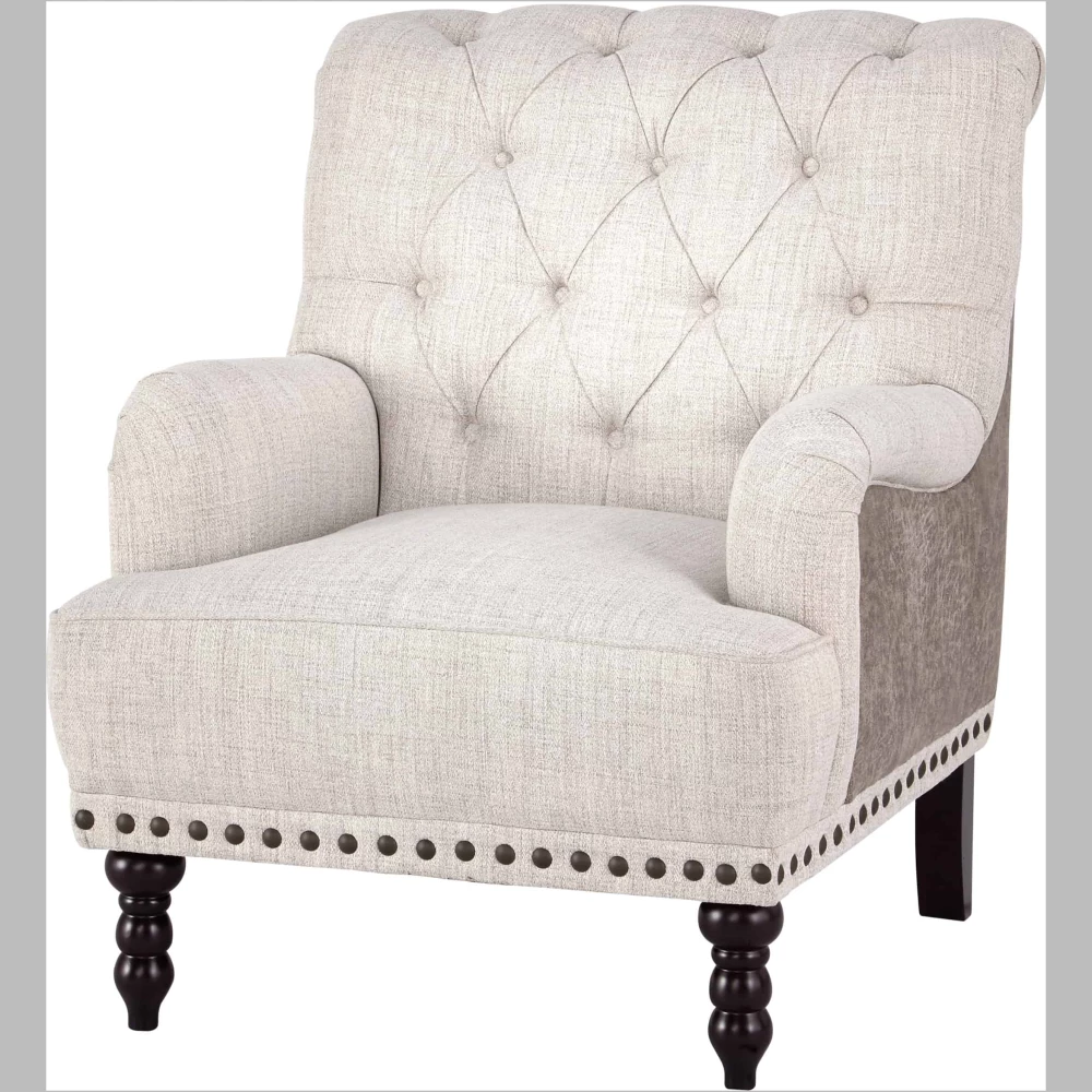 a3000053 tartonelle. made by ashley furniture. fresh and sophisticated. this accent chair with button tufting is a classy addition to your home. inside-out design with linen weave fabric on the seating area and taupe microfiber on the back. large nailhead trim ties the look together. charles of london arms and turned bun feet make this a stylish heirloom piece.