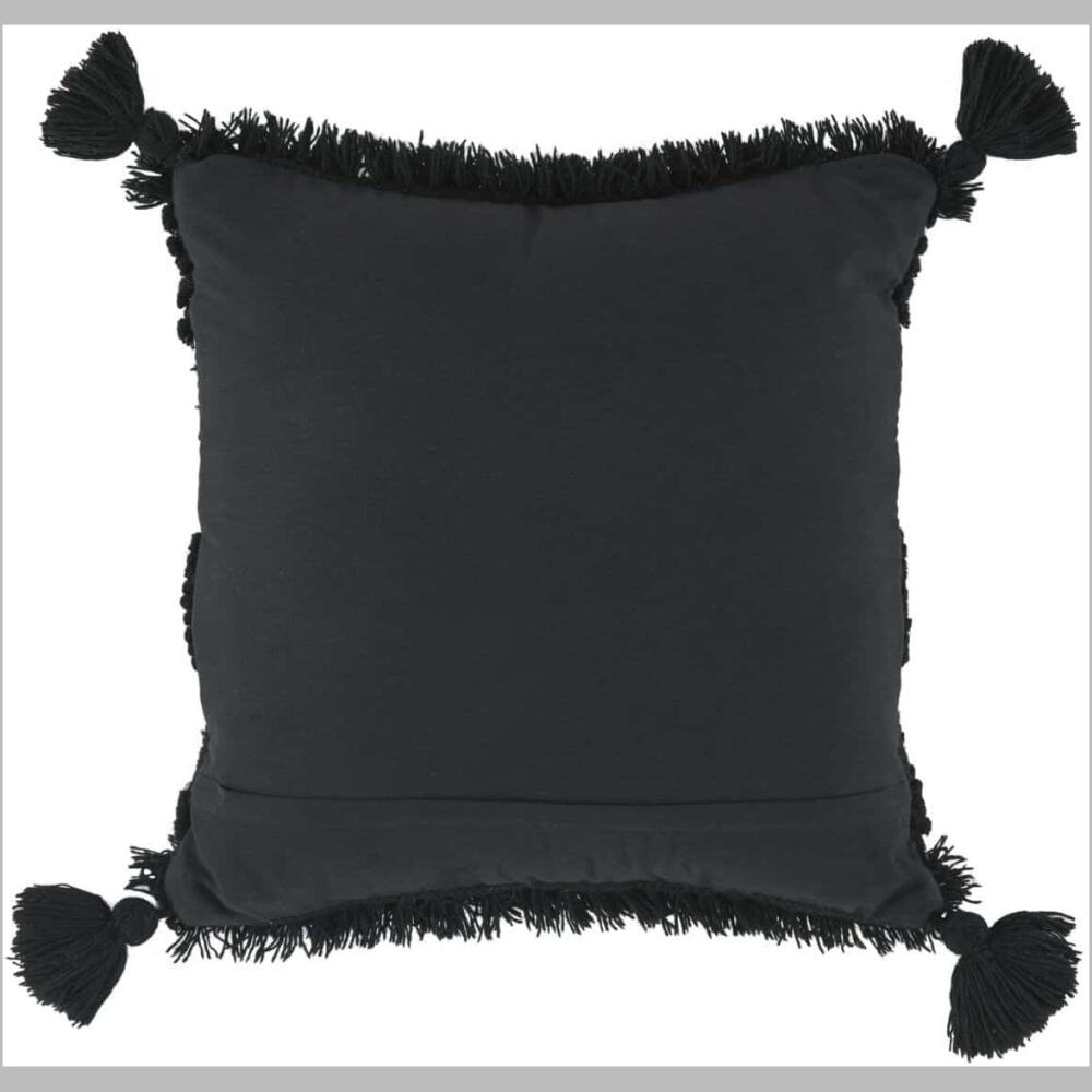 a1000934 mordechai pillow back side of a textured black ground is highlighted with goldtone accents and tassels on each corner of the pillow.