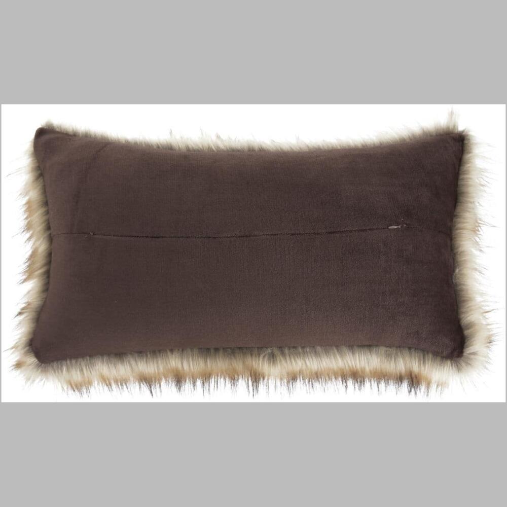 picture showing the back zipper of the jinni accent pillow is covered in a luxurious caramel brown faux fur.