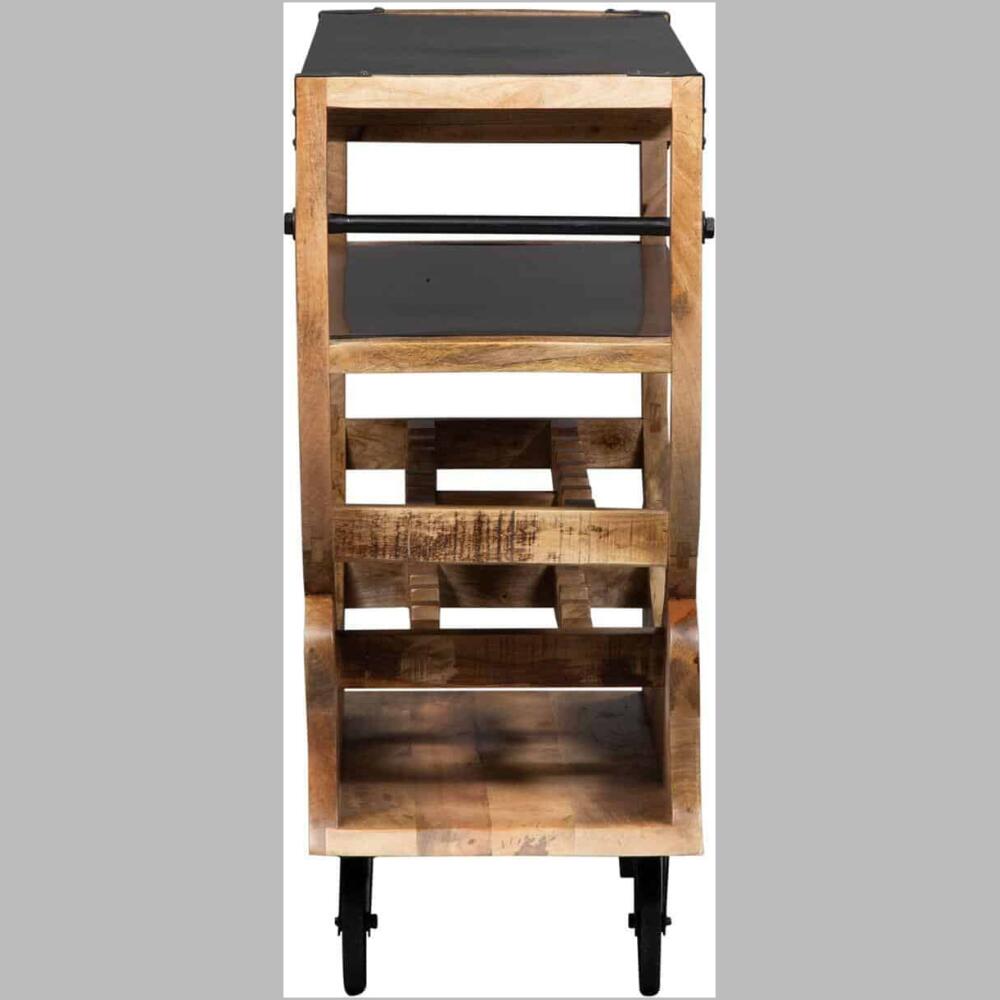 Crafted of solid rough cut mango with a powder coated metal top and middle shelf, this cart features a stemware rack, 10 bottle wine storage and industrial iron wheels.