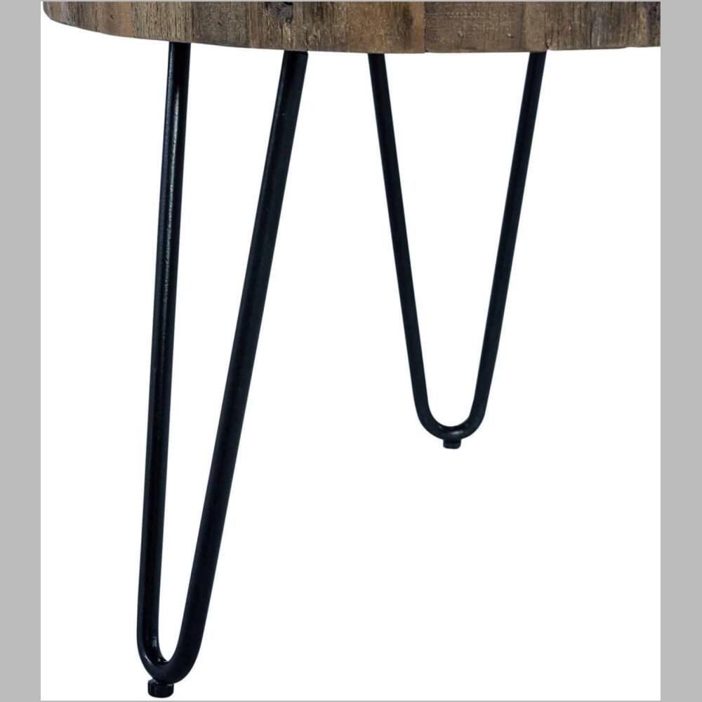 crafted of solid reclaimed mango with powder coated black hairpin metal leg, finished in a railroad brown finish sure to complement any living room suite.