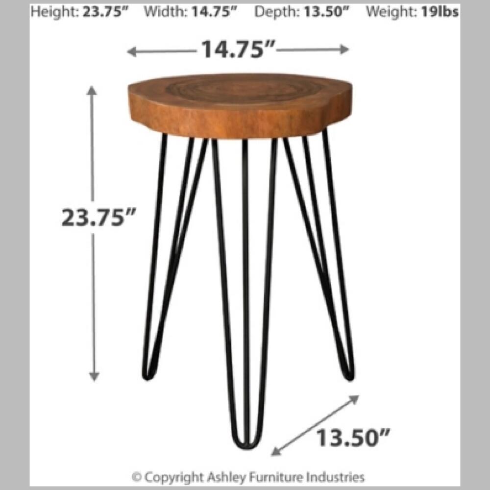 this accent table flawlessly merges natural finished wood with angular black finished metal legs