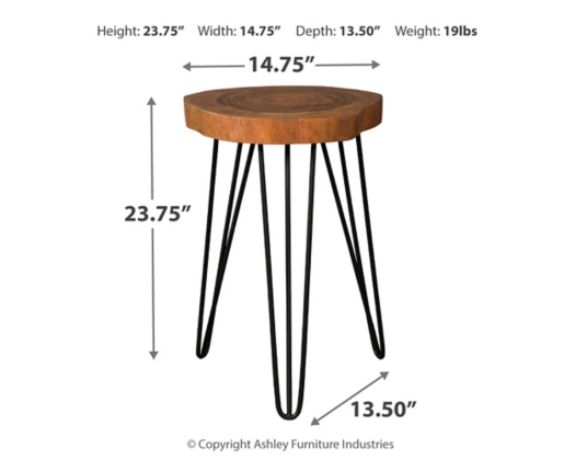 This accent table flawlessly merges natural finished wood with angular black finished metal legs