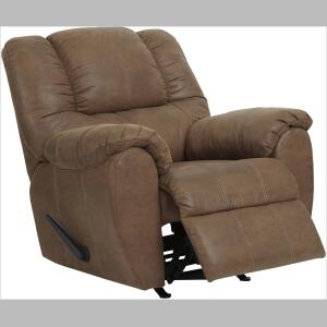 Rock the cool look of leather and the warm feel of fabric with this rocker recliner.