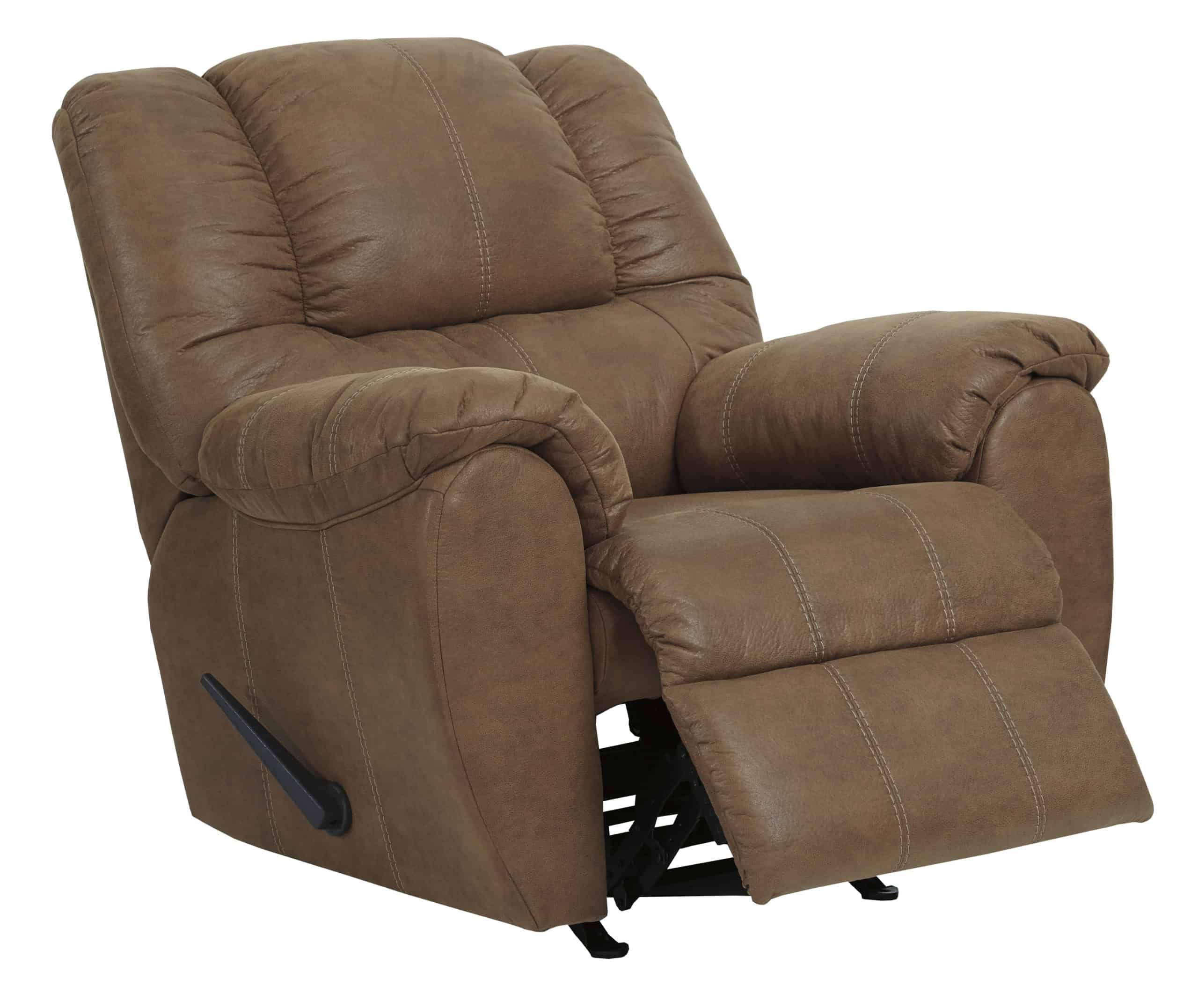 Rock the cool look of leather and the warm feel of fabric with this rocker recliner.