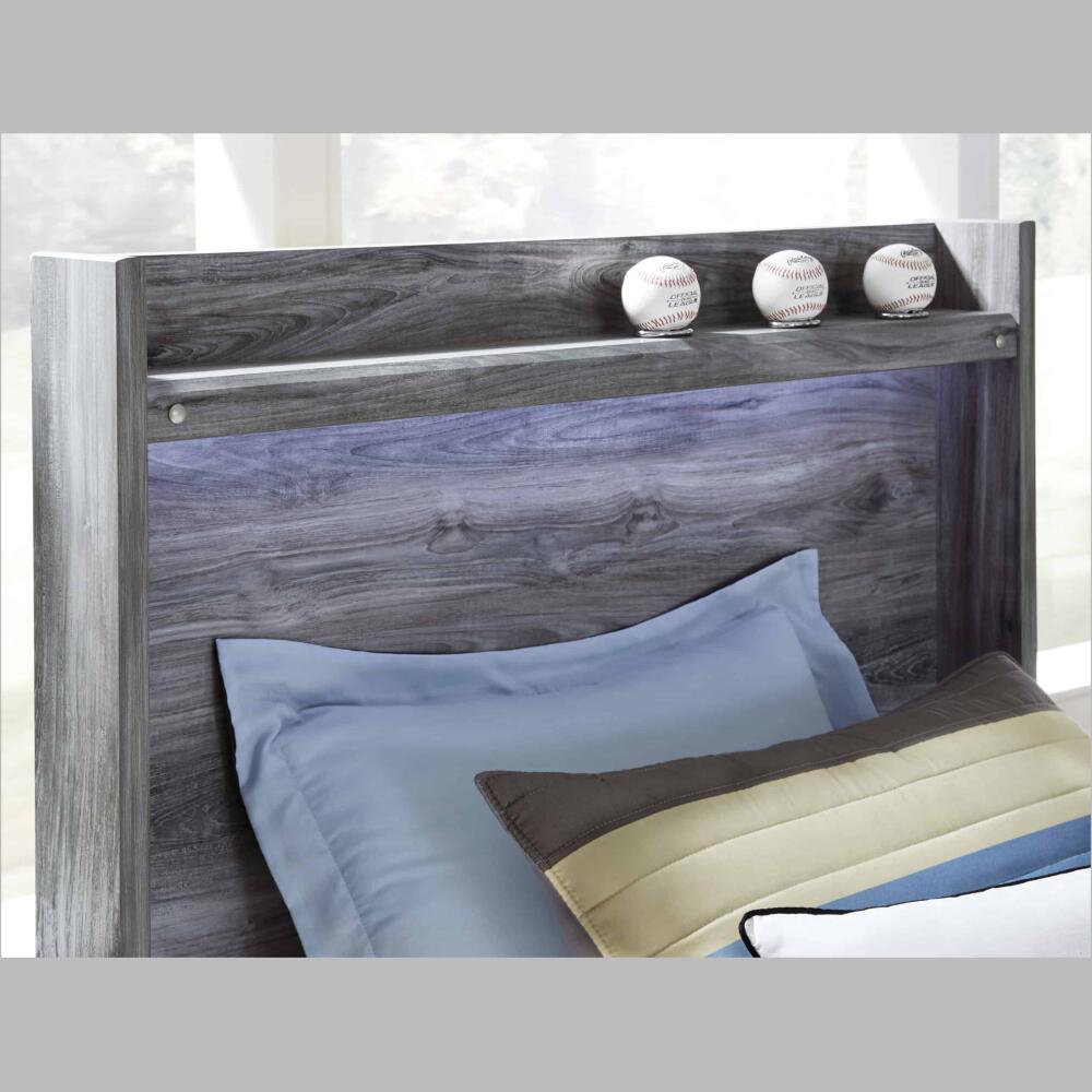 the baystorm with its smokey driftwood and sconce lights give this bed a rustic look that's perfect for creating an island oasis.
